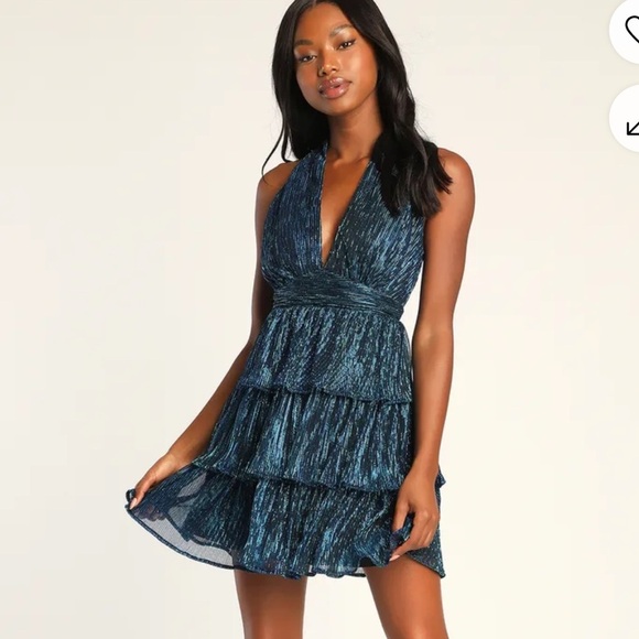 Lulu's Glowing Gorgeous Blue Multi Metallic Tiered Mini Dress Size L ( I - 4 ) - Picture 1 of 10